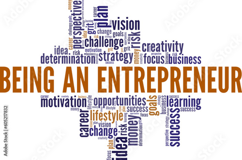 Being an Entrepreneur word cloud conceptual design isolated on white background.
