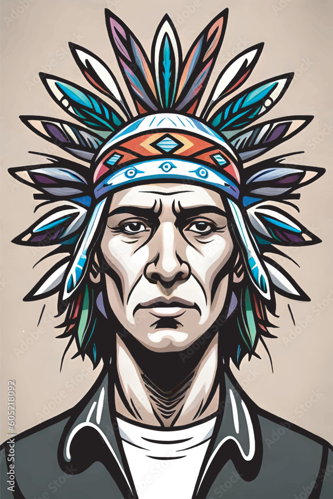 Just beautiful black and white drawing of an American Indian man with bird feathers on his head Just beautiful black and white drawing of an American Indian man with bird feathers on his head