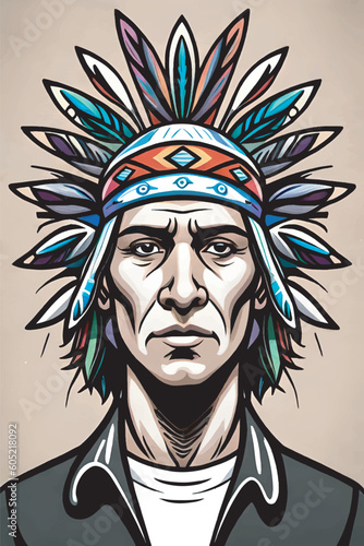 Just beautiful black and white drawing of an American Indian man with bird feathers on his head 