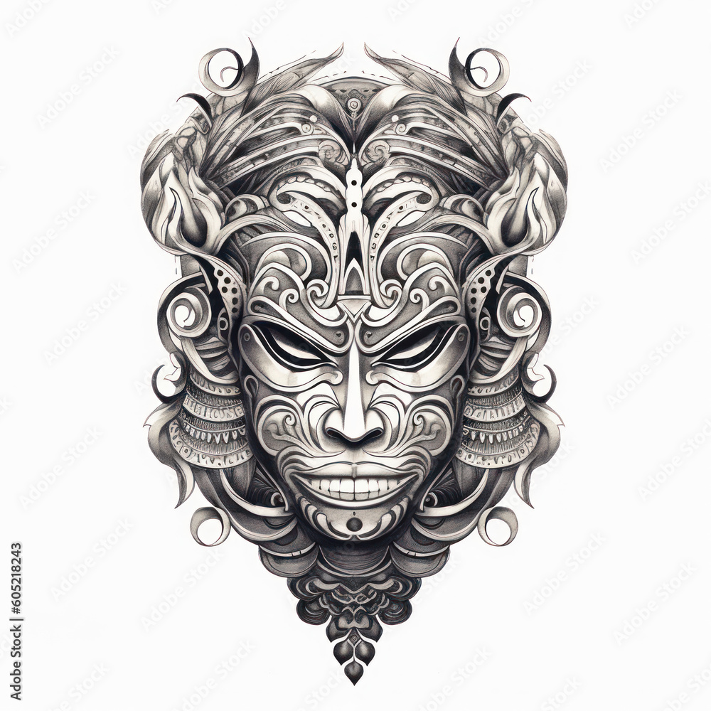 Black and white drawing of a Balinese Mask isolated on white. Tattoo idea for an ornamental mask in the style of Barong. Black and white drawing of a Balinese Mask isolated on white. Tattoo idea for an ornamental mask in the style of Barong.
