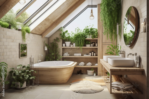 Modern cozy wooden bathroom  eco interior design with beige colors and plants. Super photo realistic background  generative ai illustration