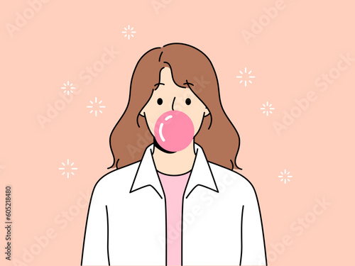 Smiling girl blow bubble from gum. Happy child with pink bubblegum. Fun and childhood. Vector illustration. 