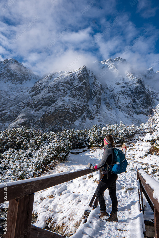 Hiker woman standing on the bridge and looks around, admiring winter mountain landscape. Happy tourist woman in winter. High Tatras, 1987 meter above sea level. Slovakia