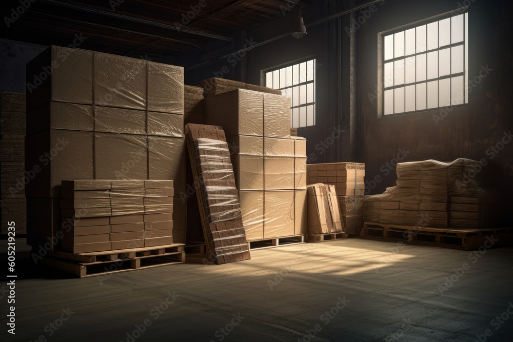 Vast warehouse storing cardboard boxes, preparing for shipment