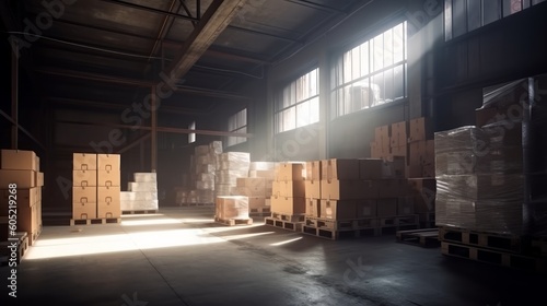 Warehouse scene with cardboard boxes stacked, ready for shipment. Emphasizes the role of storage and logistics. Created by AI.