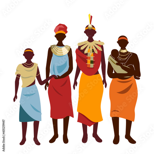 Group of beautiful aboriginal or indigenous women of Africa dressed in ethnic clothes isolated on white background. Mothers and children - members of African tribes. Flat vector illustration