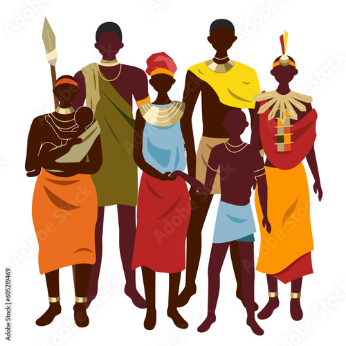 Group of beautiful aboriginal or indigenous people of Africa dressed in ethnic clothes isolated on white background. Men, women and children - members of African tribes. Flat vector illustration