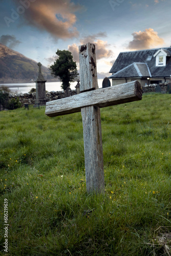 Wooden cross at graveyard. Onich. Fort Willam Scotland. Cemetry. photo