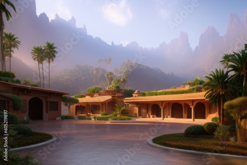 terracota villa luxury studio with palms in the yard deep in the forest surrounded by cliffs background hollywood film city