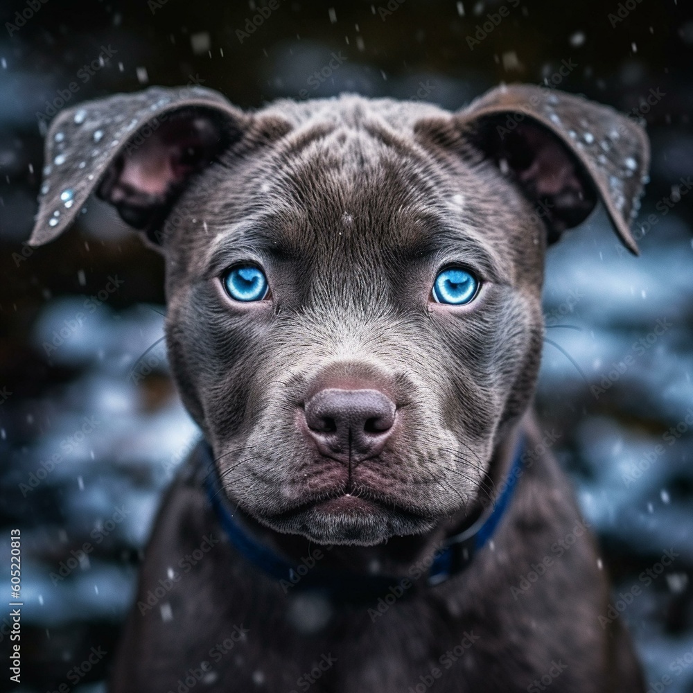 Staffy puppy in winter created with AI technology