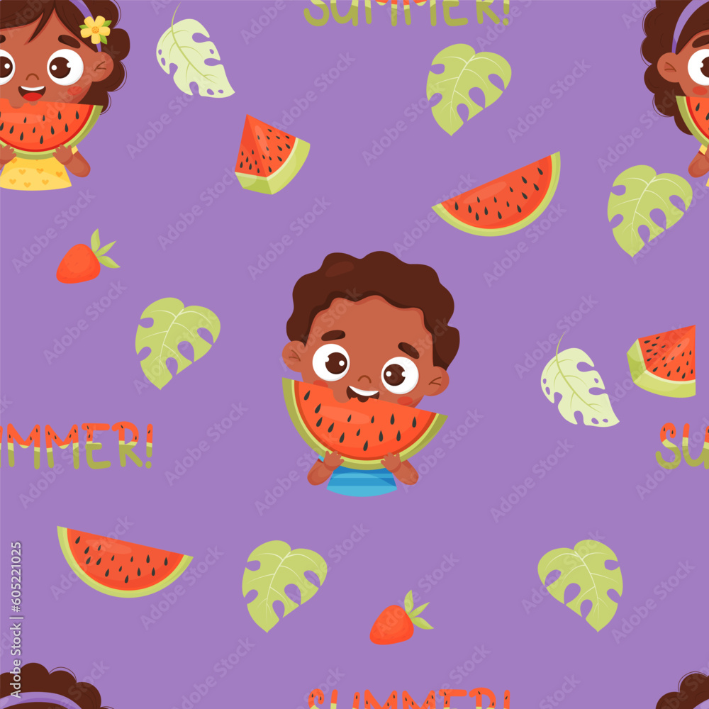 Seamless pattern with cute black ethnic girl and boy with piece of watermelon on purple background. Vector illustration in cartoon flat style. Funny summer kids collection.