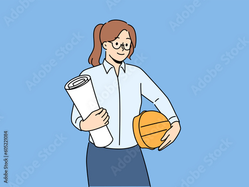 Smiling businesswoman with helmet and blueprints at building site. Happy female architect with paperwork in hands at construction place. Occupation. Vector illustration. 