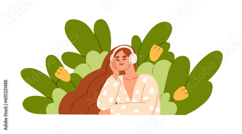 Woman in headphones listening to music, nature sound, audio track. Young happy girl enjoying song, melody, tune in head phones, relaxing, resting. Flat vector illustration isolated on white background
