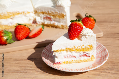 Slice of fresh strawberry shortcake with whipped cream  Japanese style