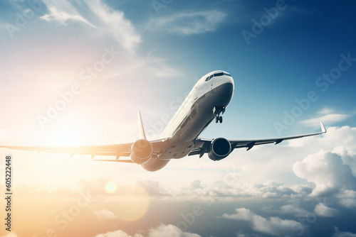 Airplane flying in the air with sunlight shining in blue sky background, Travel journey and Wanderlust transportation concept