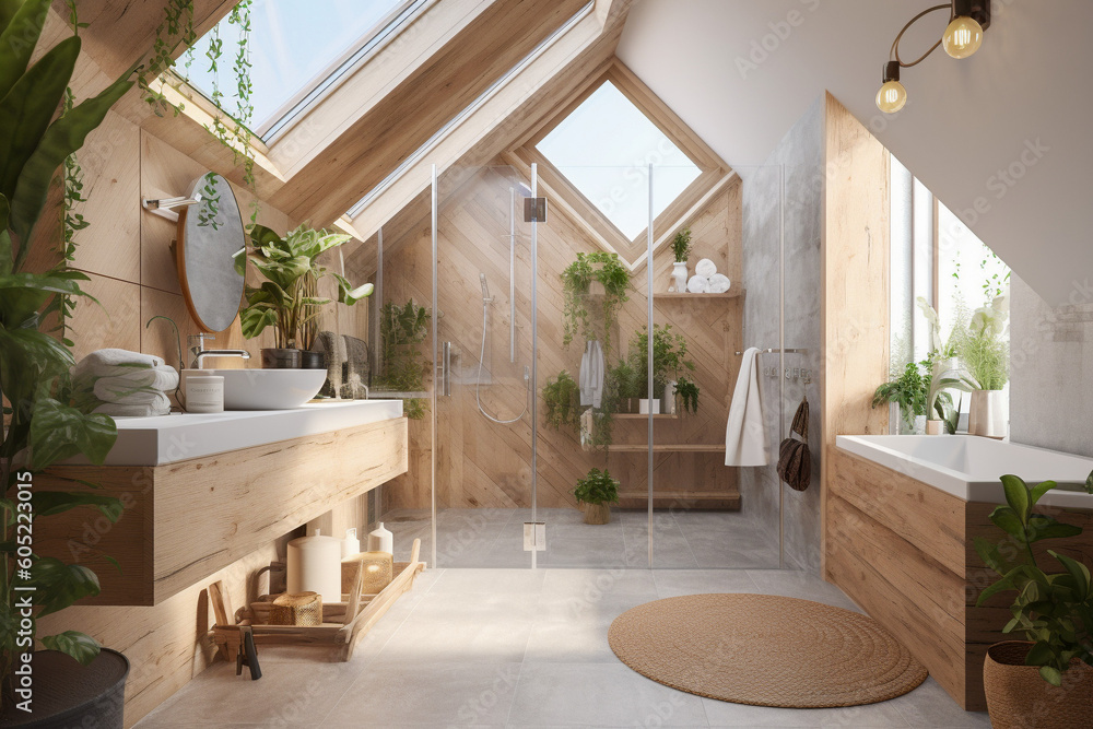 Fototapeta premium Modern cozy wooden bathroom, eco interior design with beige colors and plants. Super photo realistic background, generative ai illustration
