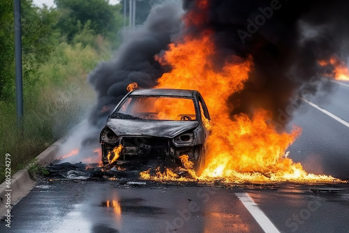 Car burning on a highway with black smoke. Generative AI.