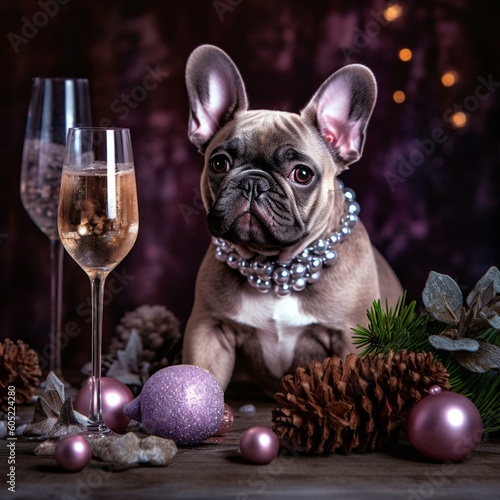 French Bulldog with champagne glasses ans christmas ornaments  created with AI technology © Tasha
