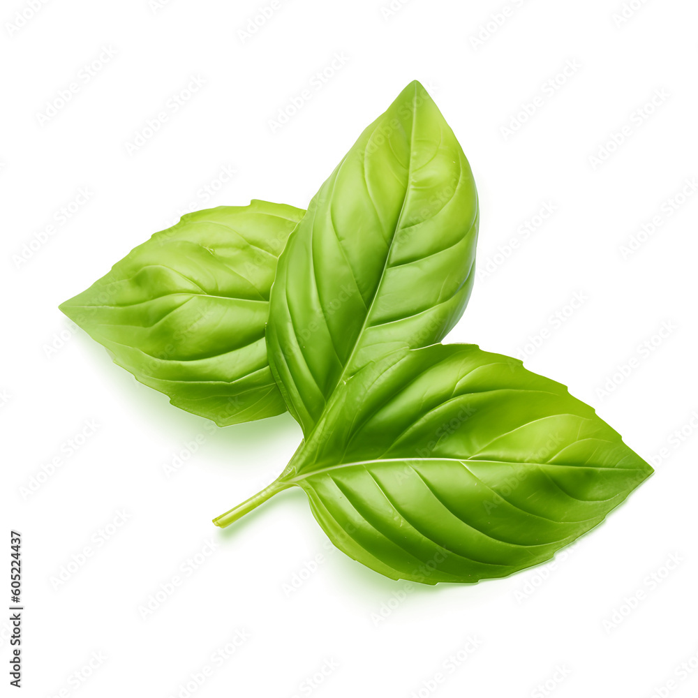 Close up studio shot of fresh green basil herb leaves isolated on white and transparent background. Png transparent. - obrazy, fototapety, plakaty 