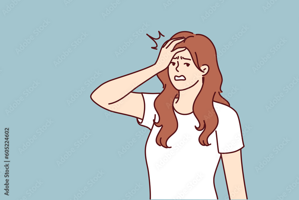 Irritated woman making face palm gesture after learning about delay in delivery from courier. Irritated girl puts hand on forehead showing anxiety and fatigue associated with psychological pressure Irritated woman making face palm gesture after learning about delay in delivery from courier. Irritated girl puts hand on forehead showing anxiety and fatigue associated with psychological pressure