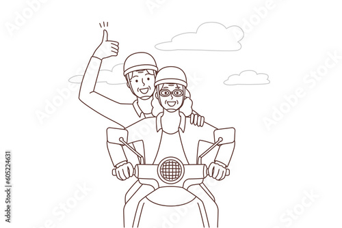 Smiling mature couple driving motorbike