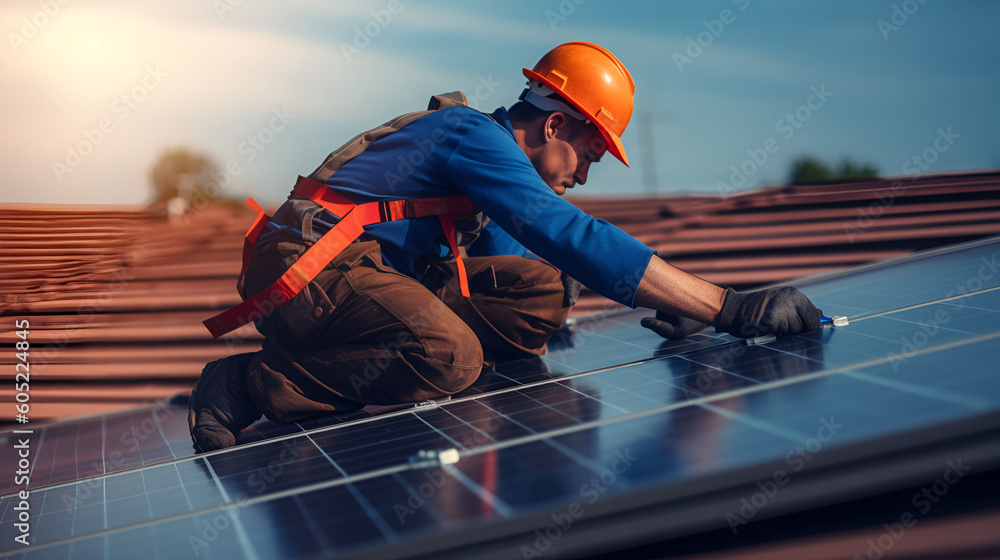 Man worker installing solar photovoltaic panels on roof, alternative energy concept Generative AI Man worker installing solar photovoltaic panels on roof, alternative energy concept Generative AI