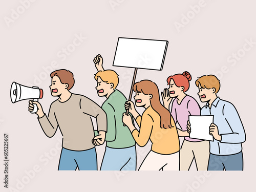 Furious people with megaphone and placards on street protest. Mad activists or volunteers protest and scream on demonstration. Vector illustration. 