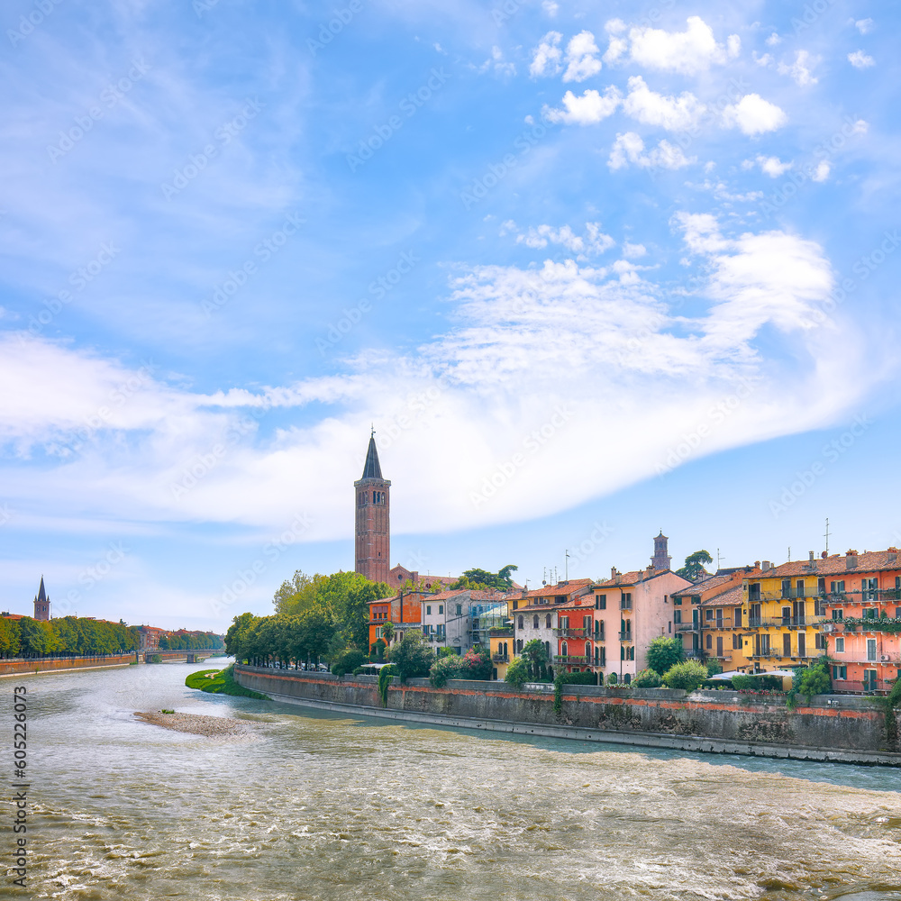 Fabulous  Verona cityscape view on the riverside with historical buildings and towers.