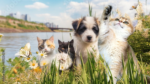  cats and dog on wild field with flowers animals on nature background 