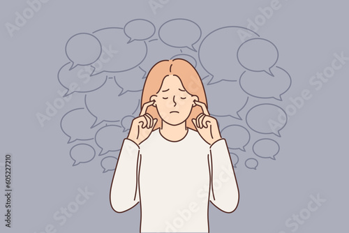 Frustrated woman does not want to hear opinions of others and closes ears from propaganda