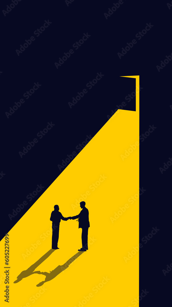 Contemporary art collage with two people, business men shaking hands each other, symbolizing partnership over dark mode background Contemporary art collage with two people, business men shaking hands each other, symbolizing partnership over dark mode background