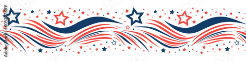 Patriotic seamless border. Red and blue stripes with stars for American holiday. Blue and red abstract waves. Vector illustration. Isolated on white background.