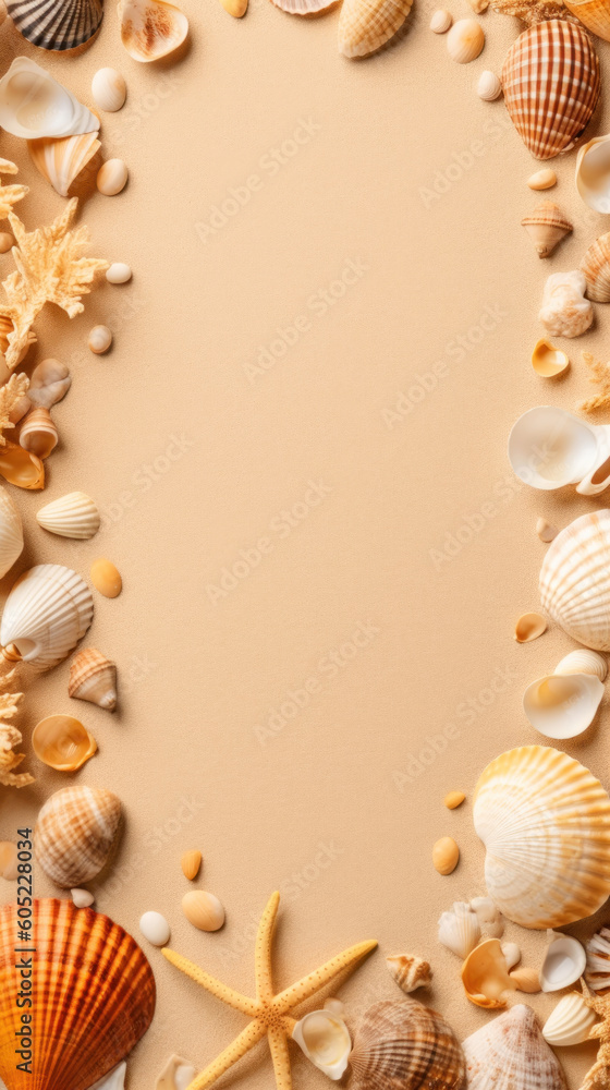 Arial view of a sandy beach with shells on the sides. Flat top summer concept background with lots of negative space for copy space. Arial view of a sandy beach with shells on the sides. Flat top summer concept background with lots of negative space for copy space.