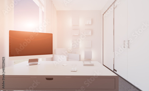 Modern office Cabinet.  3D rendering.   Meeting room. Sunset.