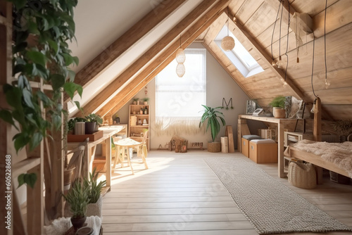 Modern cozy wooden bedroom  eco interior design with beige colors and plants. Super photo realistic background  generative ai illustration