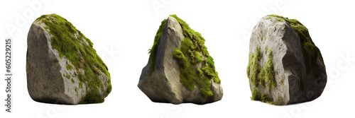 Beautiful natural tall rock with moss, transparent background, 3d rendering, can be used for natural garden yard decoration, generative ai. 
