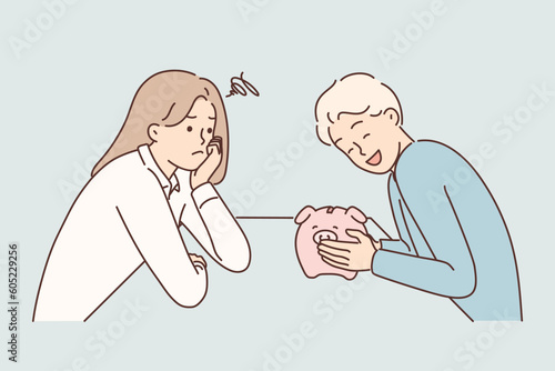 Couple shares finances after divorce and man laughs taking money into piggy bank from ex-wife