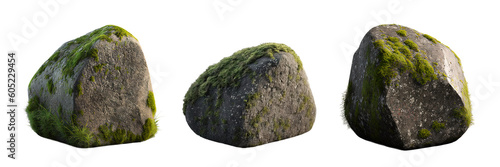 Beautiful natural rock with moss, transparent background, 3d rendering, can be used for natural garden yard decoration, generative ai.	