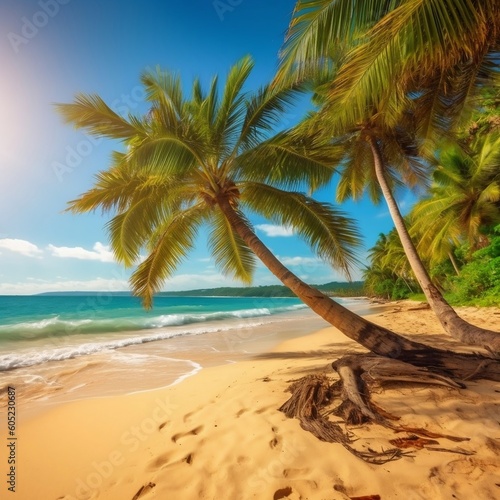Sunny Tropical Beach with Palms Summer. Generative AI