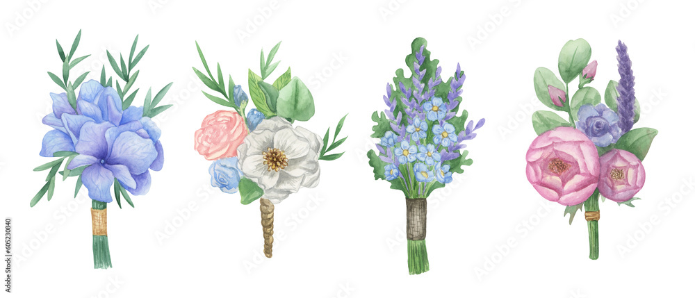 Collection of small floral wedding bouquets. Boutonnieres for the groom or guests from wild and garden flowers. Watercolor illustration on a white background. Wedding clipart