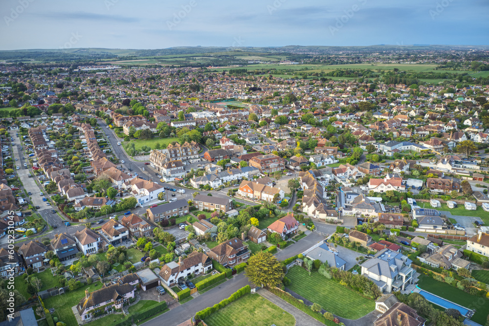 Aerial view over the West Sussex village of East Preston on the Southern Coast of England.