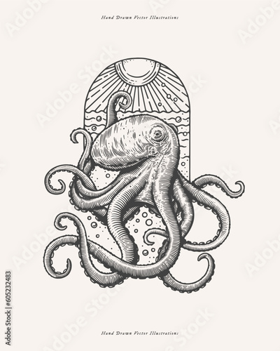 Hand-drawn image of an octopus and the sun rising over the sea. Ocean animal on a light background. Retro picture for your design. Vector illustration in vintage engraving style.