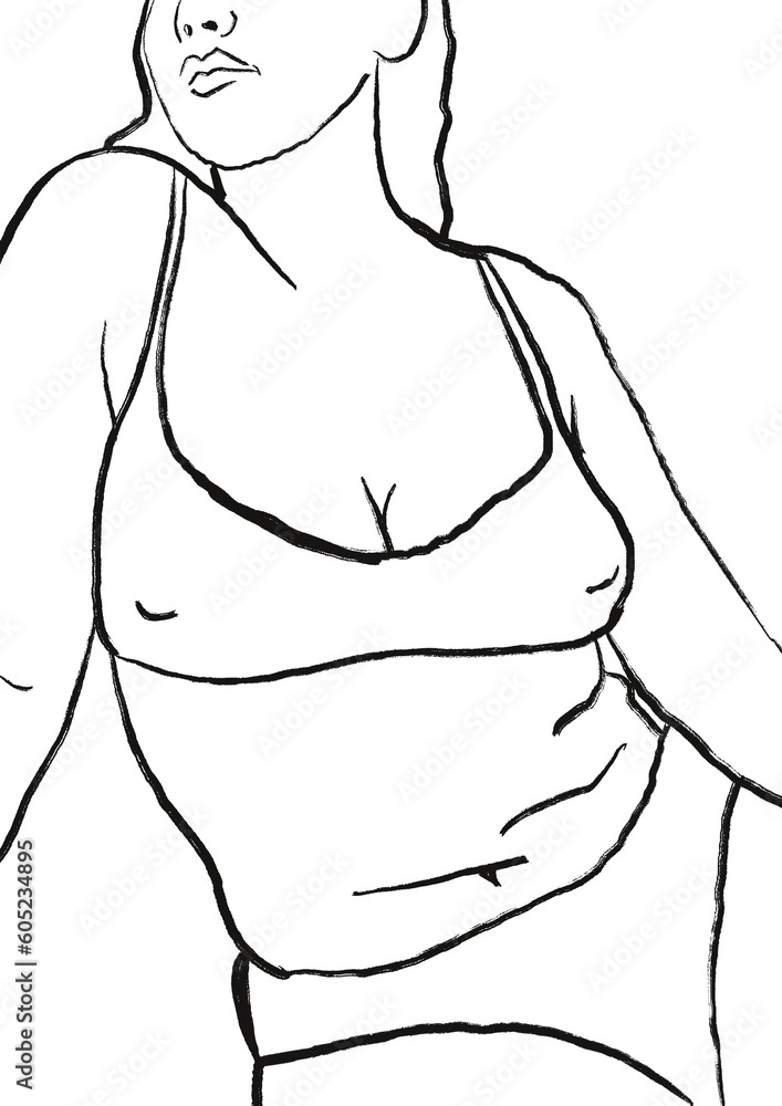 Buste de femme en sous-vêtements, illustration réaliste et minimaliste aux lignes noirs épurées. Buste de femme en sous-vêtements, illustration réaliste et minimaliste aux lignes noirs épurées.