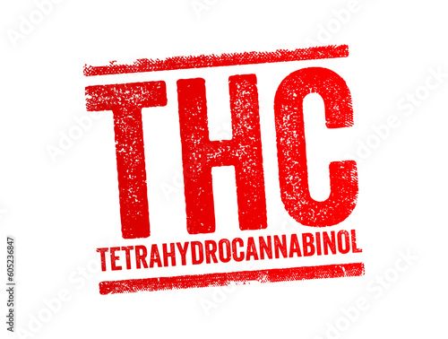 THC - Tetrahydrocannabinol is the principal psychoactive constituent of cannabis, text concept stamp