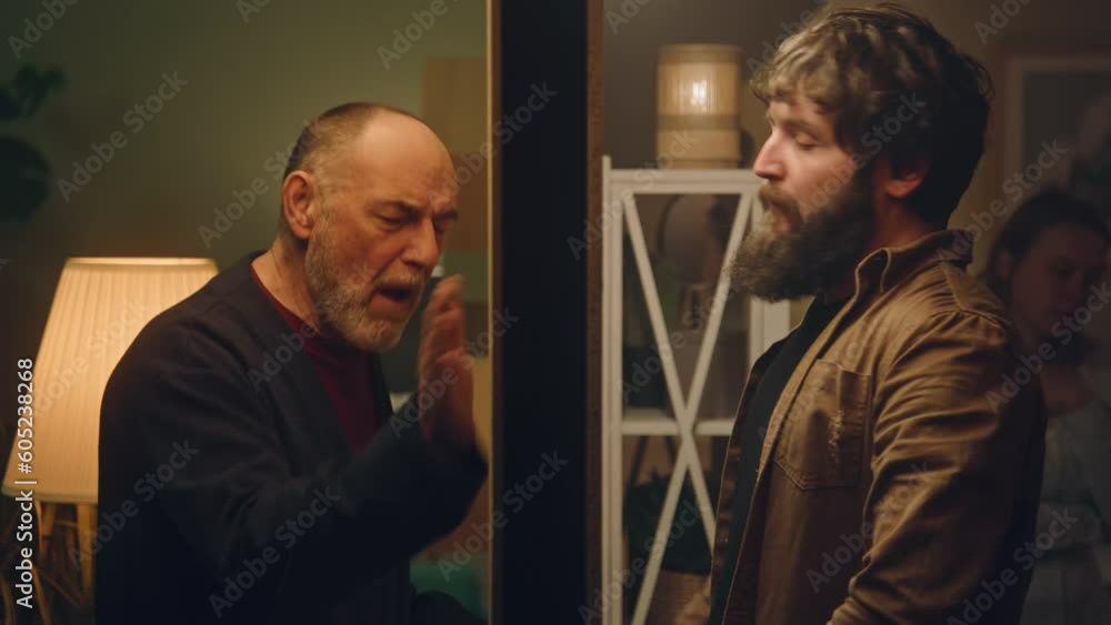 Two men living next door have conflict with each other, they scream and