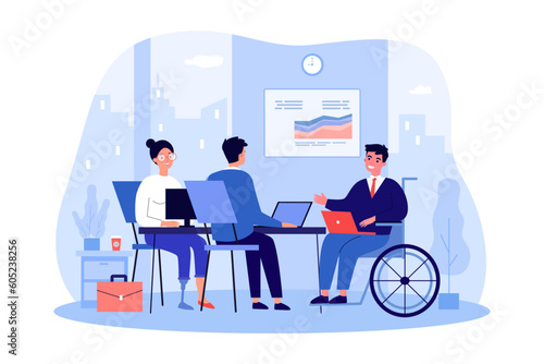People with physical disabilities working together at office. Happy man in wheelchair, woman with prosthetic leg working on laptops vector illustration. Accessibility, inclusion, business concept