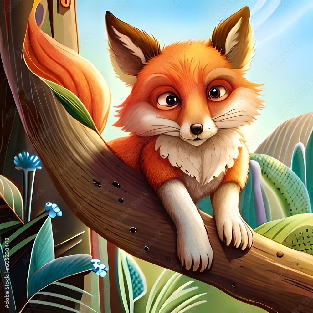 cartoon scene with cute fox in the jungle illustration for children (Ai Generated) 素材庫插圖