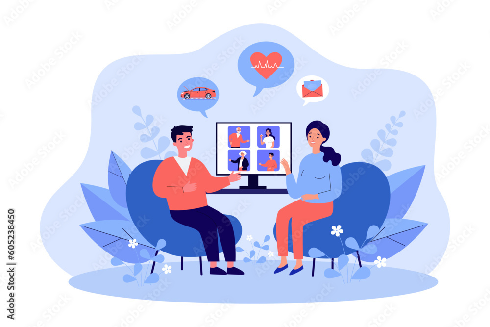 Couple talking to family via computer vector illustration. Cartoon drawing of man and woman chatting with relatives or friends on video call, speech bubbles. Communication, technology concept