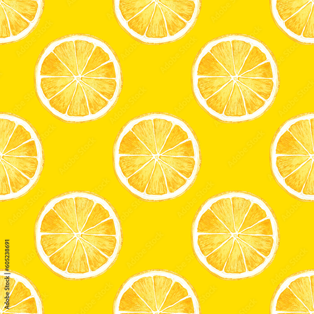 Watercolor lemon seamless pattern. Ripe round slices of citrus fruits on a yellow background. Tropical summer design for fabric, wallpaper, packaging, menu.