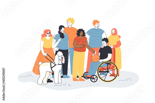 Diverse young people next to happy boy in wheelchair. Persons with physical disability, guide dog, Muslim girl, African American woman vector illustration. Inclusion, diversity, community concept